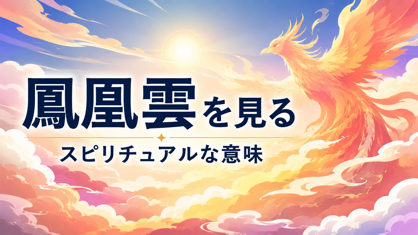 鳳凰雲を見るスピリチュアルな意味を表現したアイキャッチイラスト。空に現れた鳳凰のような雲と神秘的な光が象徴する幸運や運気上昇のサイン