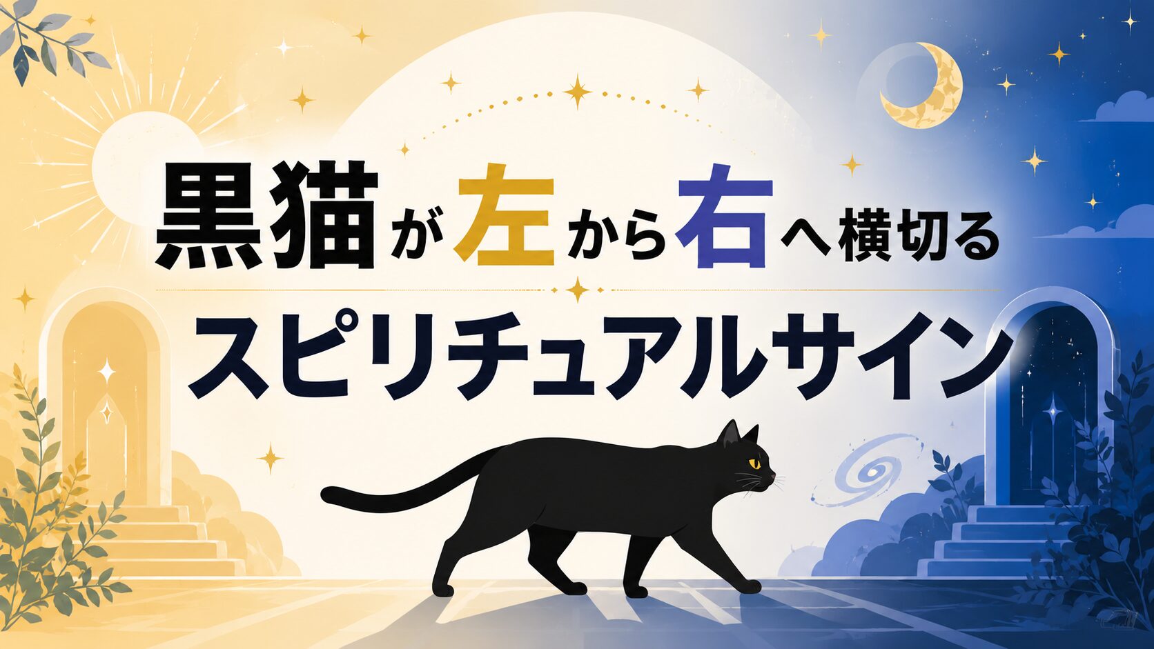 黒猫が左から右へ歩く姿を中心に、昼と夜をイメージした幻想的な背景をフラットイラストで描いたブログ用アイキャッチ画像。大きなゴシック体で「黒猫が左から右へ横切る スピリチュアルサイン」と配置した、スピリチュアルで洗練された16:9バナー。